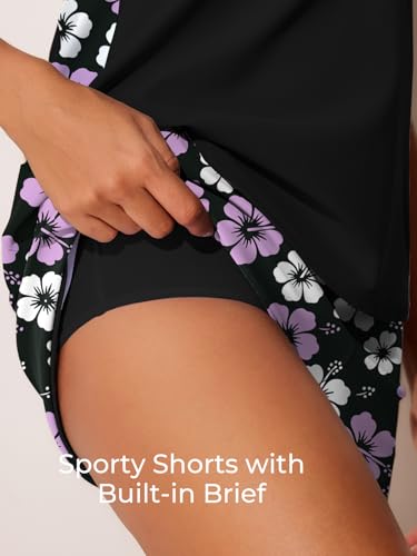 Image of Summer Mae Blouson Tankini Swimsuits for Women 2025 Tummy Control Two Piece Bathing Suits with Sporty Pockets Swim Shorts Purple Hibiscus Size 12