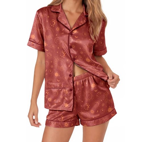 Image of Women's satin pajamas set, Short-sleeve button down Loungewear | Exclusive print on soft satin fabric; breathable comfort for sleep or lounge; button front top, elastic shorts; easy care