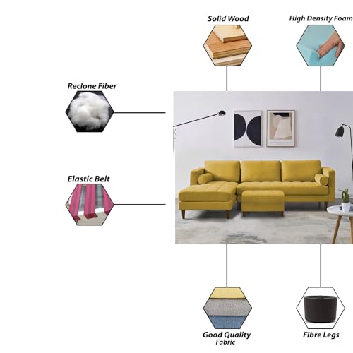 Image of Lezra LHS 4 Seater L Shape Sofa Set with Center Table for Living Room (Yellow Fabric) Premium Fabric Sofa
