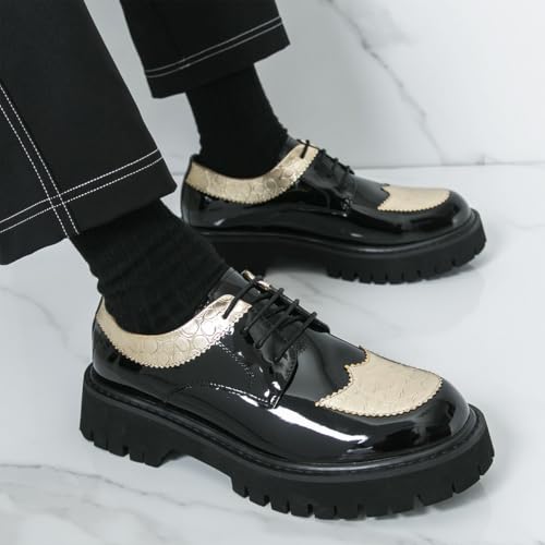 Image of Men's Patent Leather Platform Wingtip Oxford Shoes with Rivets Round Toe Lace Up Lug Sole Brogue Dress Shoes Comfortable Business Work Causal Derby Oxfords