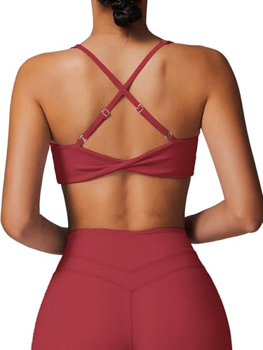 Image of ABOCIW Womens V Neck Twist Back Sports Bra Padded Low Impact Fitness Yoga Bra Workout Crop Top