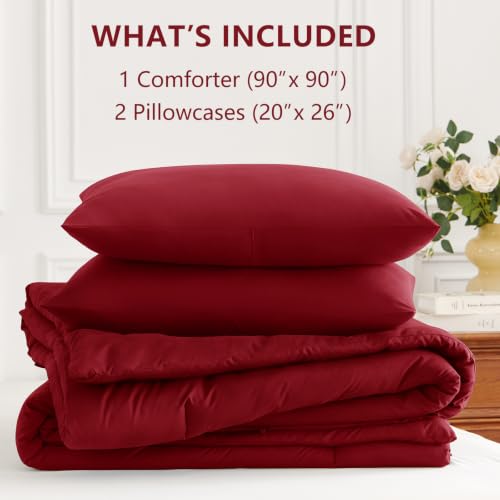 Image of HIMEET Queen Comforter Set, 3 Pieces 90 inchx90 inch with 2 Pillowcases, Dark Red | 270GSM Down Alternative Fill, Oeko-TEX Certified, 8 Corner Ties Quilted, All Season, Fluffy Bed Set, Bedroom Decor Bedding