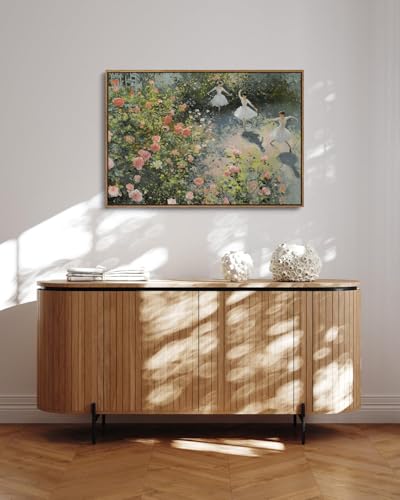 Image of KISSFOX Vintage Framed Wall Art Ballerinas Dancing in Rose Garden Canvas Art Prints Rustic Farmhouse Pictures Wall Decor Cottagecore Summer Aesthetic Paintings Artwork For Dorm Bedroom Apartment