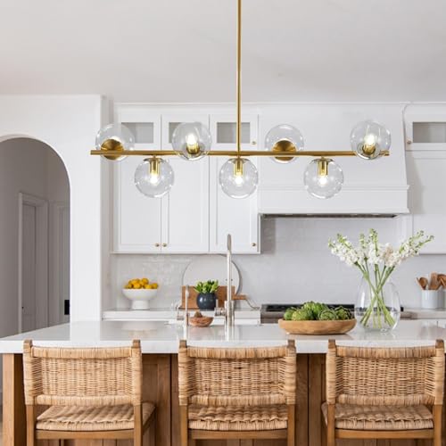 Image of KCO MCM 7-Light Brass Gold Linear Sputnik Chandelier with Clear Glass Shade