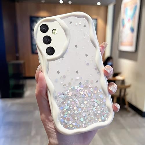Image of KC Back Cover for Samsung Galaxy A14 5G, Dry Fixed Non Moving Glitter Curly Wave Shape Shockproof Bumper Soft Silicone Case with Camera Protection (White)