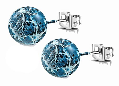 Tata Gisèle - Pendientes de acero inoxidable, bolas blancas y azules, efecto mármol, 8 mm, Acero inoxidable