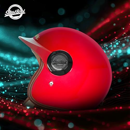 Image of Steelbird SBH 65 Retro 3.0 DOT and ISI Certified Open Face Helmet for Men and Women (Medium 580 MM,Glossy Cherry Red)