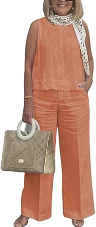 2 Piece Linen Set for Women Solid Color Tank Top and Wide Leg Pants Suits Dressy Matching Sets with Pockets