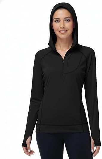 Womens UPF 50+ Sun Hoodie, 1/4 Zip Long Sleeve UV Protection Fishing Hiking Shirt, Lightweight Hooded Rash Guard