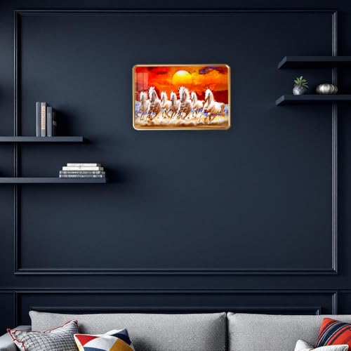 Image of 7 Running Horses Photo Frame, Ultra High Gloss Lamination, Vastu Painting for Living Room, Office, 12x18 Inch (Design 7)