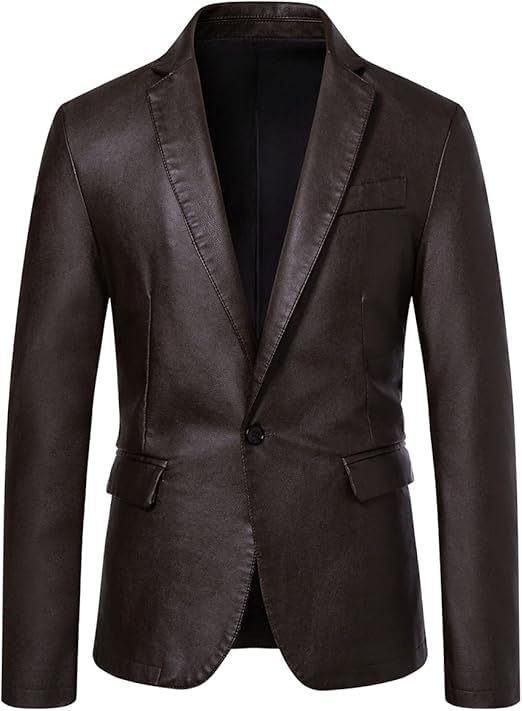 chava Men's Faux Leather Blazer, Black, Slim Fit, Single Button, Notch Lapel, Smart Casual Suit Jacket-picture-23