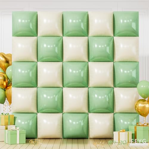 Image of Matte Mint Green and Beige Double Sided Square Foil Balloons Wall,19 Inches Chrome Foil Balloons Tunnel Arch Kit for Bachelorette,Anniversary,Wedding,Birthday Party Background Decoration