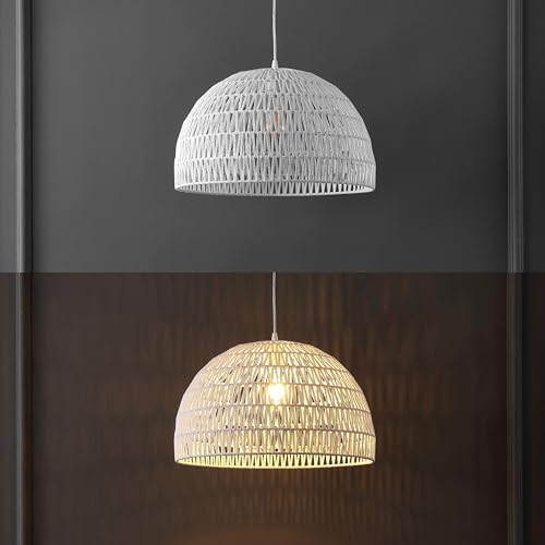 Image of JONATHAN Y 20 inch White Modern Bohemian Woven Rope LED Pendant Light Fixture, Adjustable Dome Ceiling Lamp for Kitchen Island, Rope Shade, Coastal Farmhouse Decor (JYL6504E)