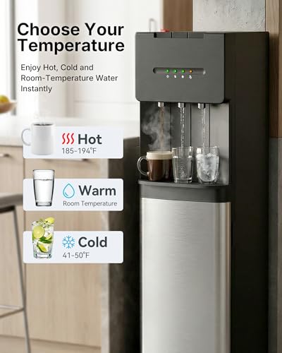 Image of EUHOMY Bottom Loading Water Cooler Dispenser for 5 Gallon Bottle, 3 Temperature Freestanding Hot and Cold Water Dispenser with Stainless Steel Tank & Child Lock for Home Office, Black