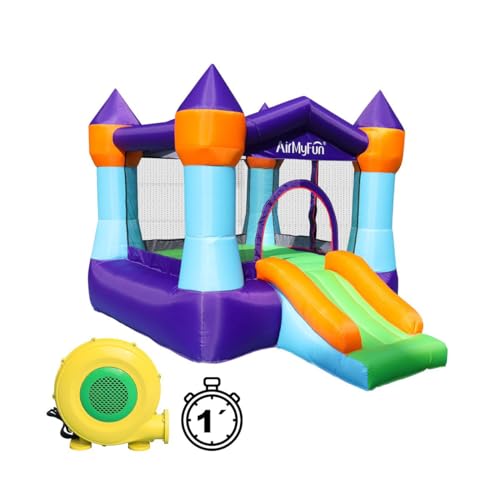 Castelo Insuflável Infantil Windsor Design Medieval com Escorrega, Rede de Segurança, Bomba 350W, Acessórios Incluídos para Crianças a Partir dos 3 Anos 260x190x170 cm ATAA