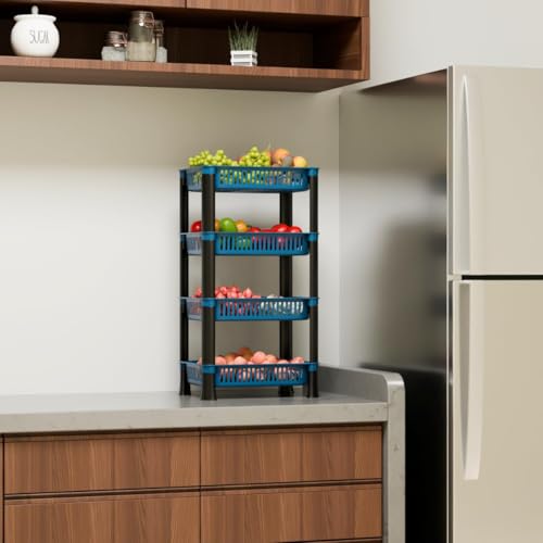 Image of Multipurpose Plastic Storage Rack for Kitchen | Foldable Vegetable & Fruit Organizer Stand for Onion, Potato, Sabji | Countertop Multi-Layer Basket Rack for Home, (Blue, 4 layer)