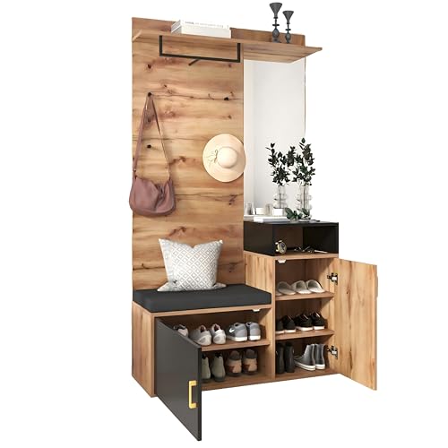 Azkoeesy Garderoben-Set, Flurgarderobe Set, mit Schuhschrank Sitzbank Spiegel und 4 Kleiderhaken - 104 L x 38,5 B x190 H(cm)