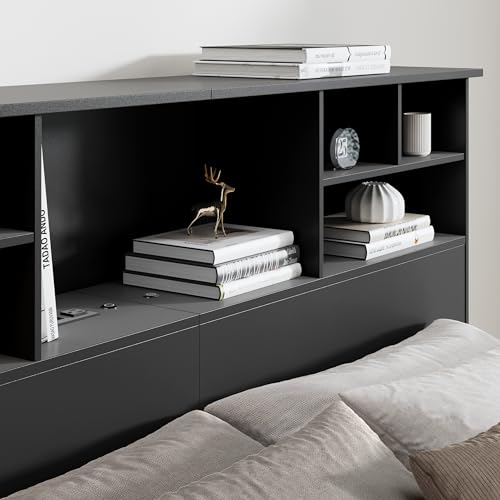 AYEASY Queen/Full Headboard Only for Bedroom, Stylish Bookcase Head Board with Charging Station & 2 LED Lights, Engineered Wood Queen Size Headboards Noise-Free with Storage, Black