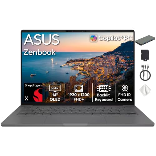 Image of ASUS Zenbook A14 14 inch FHD+ OLED Laptop, Snapdragon X X1-26-100, Adreno Graphics, 32GB RAM, 2TB Storage (1TB SSD+1TB Docking Station Set), Backlit Keyboard, Copilot+ PC, Wi-Fi 6E, Win 11, Iceland Gray