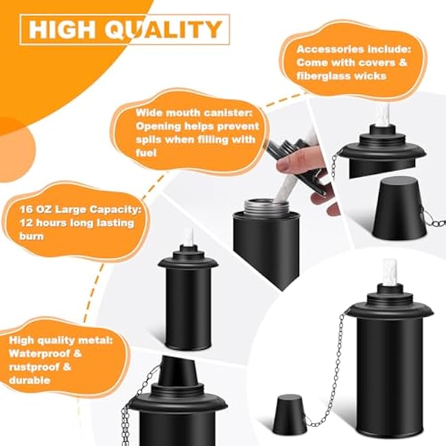 8 Pack Torch Canisters,16oz Replacement Torch Refillable Canisters with Wicks,Caps, Outdoor Citronella Fuel Torch Canister for Luau Party, DIY Garden Decor.