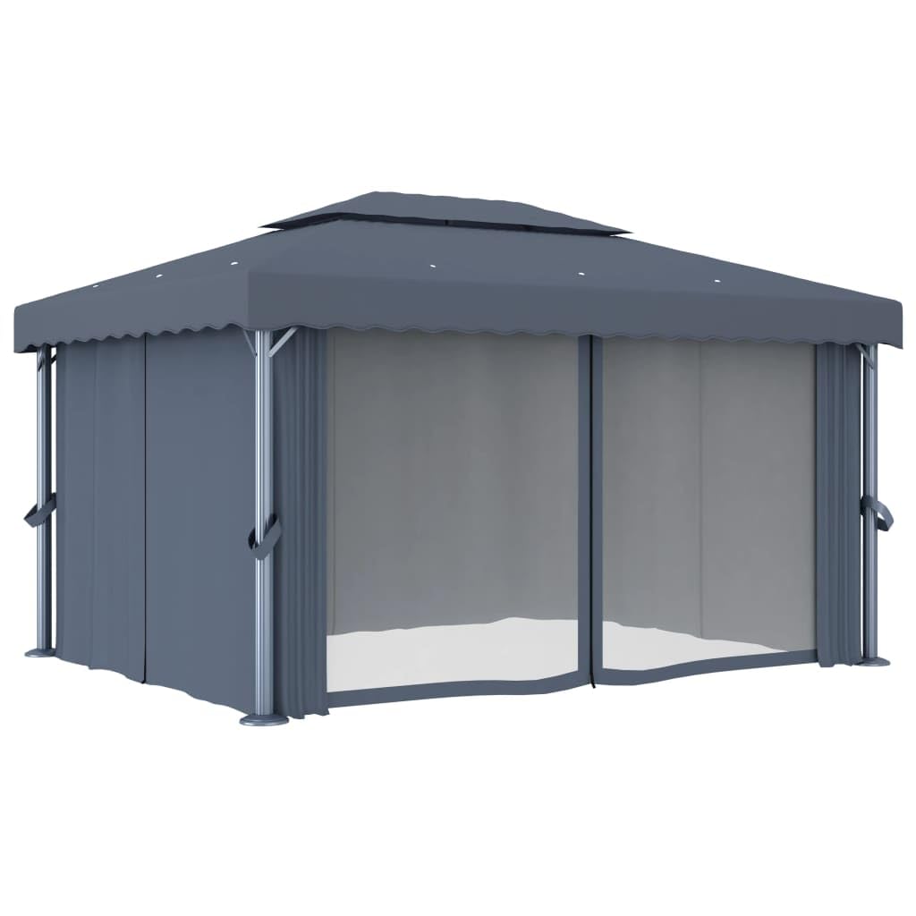 Pawilon ogrodowy 4 x 3 m, antracyt z zasłonami, łańcuch świetlny LED, aluminiowa rama, poliester z powłoką PA, idealny na taras, imprezę w ogrodzie, grillowanie i uroczystości