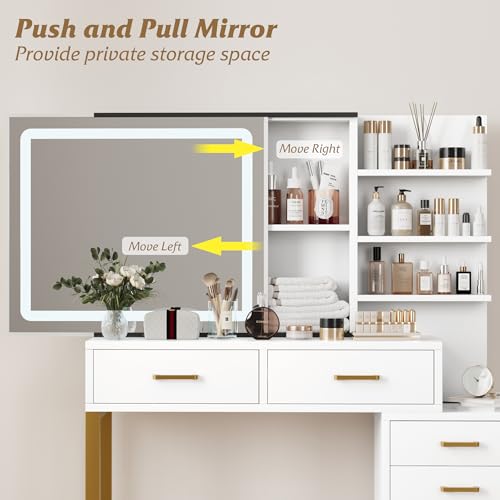Garvee 46.8'' Vanity Desk with Mirror, LED Lights and Power Outlet, Makeup Vanity Table with 5 Drawers and 3 Storage Shelves, Dressing Table with Black Handle for Bedroom, Dressing Room (Black)