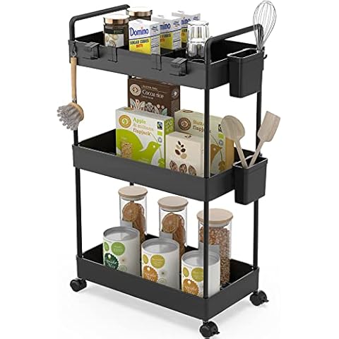 Ronlap Slim Storage Trolley, 3 Tier Rolling Cart Storage Organizer, Utility Rolling Cart with Handle Hanging Cups Dividers for Office Bathroom Kitchen Laundry Room Narrow Places, Black Cover