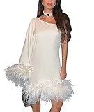 xxxiticat Women's One Shoulder Cape Dress Sleeveless Faux Fur Hem Feather Flare Off Shoulder Furry Mini Night Party Dress(WH,M) White