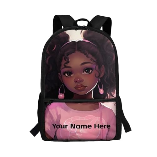 ZOUTAIRONG Custom Name American Magic Girls School Backpacks for Kindergarten Elementary African Black Girl School Bags Teens Little Kids Cartoon Bookbags with Water Bottle Holder