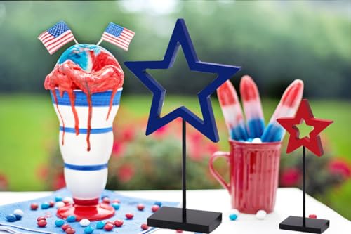 Image of 4th of July Patriotic Table Decoration 3 Pcs Wooden Star Tabletop Tray Decor Star Freestanding Table Wooden Signs for Independence Day Home Party Supplies