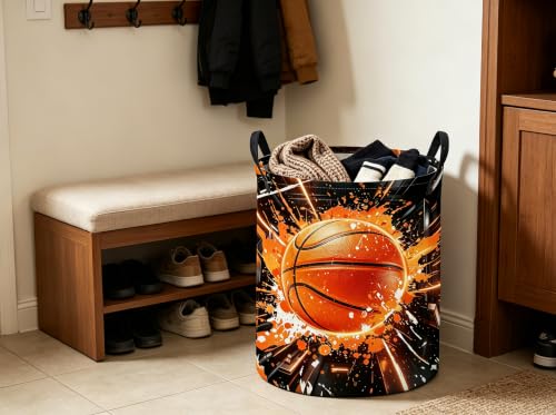 Image of ESSME Basketball Laundry Basket,Sport Hamper Collapsible Canvas Waterproof Storage Bin, Cute Hamper,Gift Baskets(Basketball)