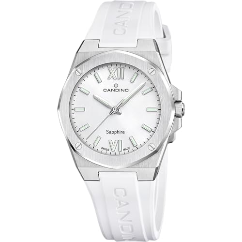 Candino Swiss Reloj Mujer Analógico de Caucho Blanco - Movimiento de Cuarzo - Cristal de Zafiro de Alta Resistencia - Resistente al Agua 5 ATM C4777/1 - Lady Elegance