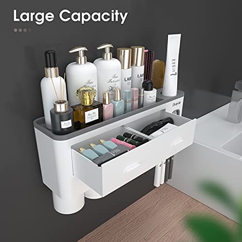 Ihave Toothbrush Holders For Bathrooms, 4 Cups Toothbrush Holder Wall Mounted With Toothpaste Dispenser, Large Capacity Tray, 2 Cosmetic Drawer And 7 Brush Slots With Cover Tooth Brush Holder #TOP1