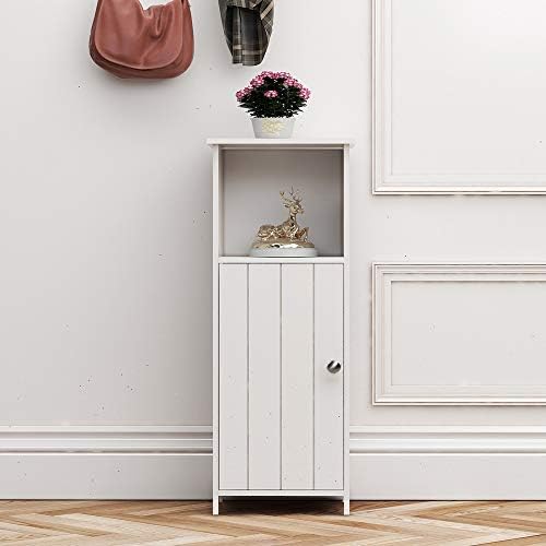 soges Bathroom Floor Cabinet Wooden Storage Free Standing Shelves Cabinet Kitchen Storage Organizer Side Table End Table with Shelves and Door, White, RF6016