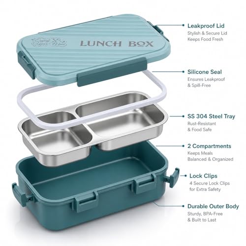 Image of Insulated Stainless Steel Lunch Box with Textured Lid | 3 Compartments | 525ml | BPA Free | Leakproof | Microwave Safe Without Lid | Bento Tiffin Box for Office School Travel (Light Teal, 2)