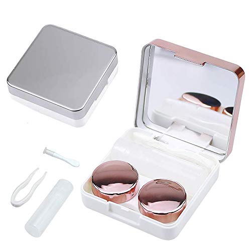 2 Set Custodia per Lenti a Contatto, Lenti a Contatto Caso per Viaggio, con Specchio, Bottiglia, Pinzette e Supporto per Contenitore, per Viaggi e Casa (Argento, Oro Rosa)