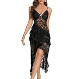 QNCLO Damen Spitze Tief V Slim Slim Camisole Kleid Cosplay Sexy Perspektive Rüschen Print Dessous Nachthemd, Schwarz, Medium
