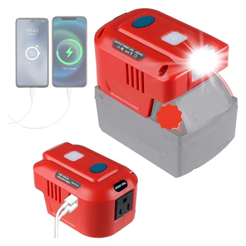 UNIKI 150W Power Supply Inverter for Milwaukee M-18 18V Lithium Battery with AC Outlet Dual USB and 200LM LED 18V DC to 120V AC,Portable Inverter with USB Cable