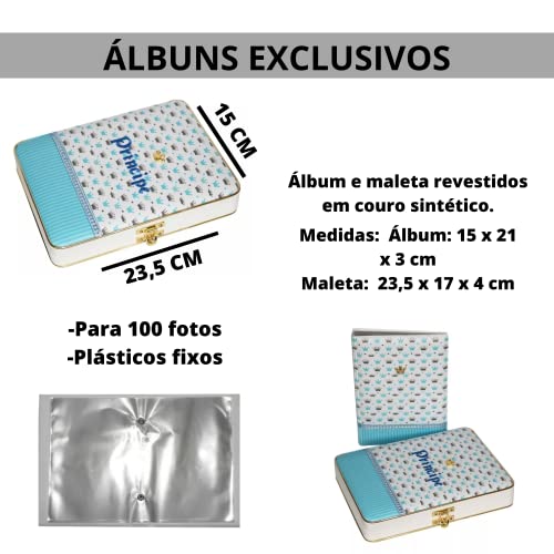 Álbum De Fotos Maleta Luxo Príncipe Coroas Azul 100 Fotos 15x21 + Diário