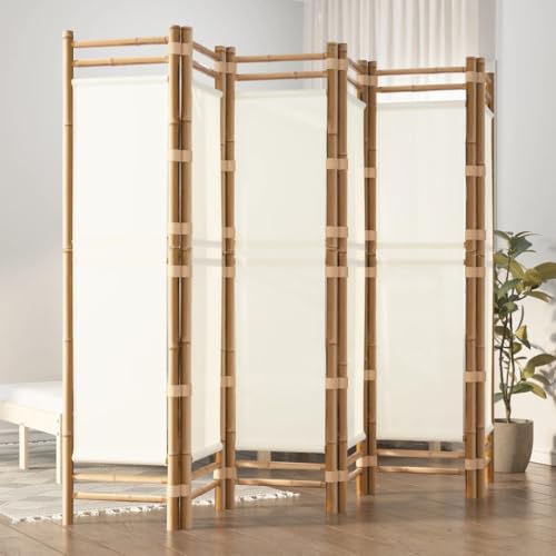Biombo plegable de 6 piezas, 240 x 180 cm, de bambú y lona, color blanco crema, robusto separador de habitaciones para privacidad en el salón, balcón o jardín