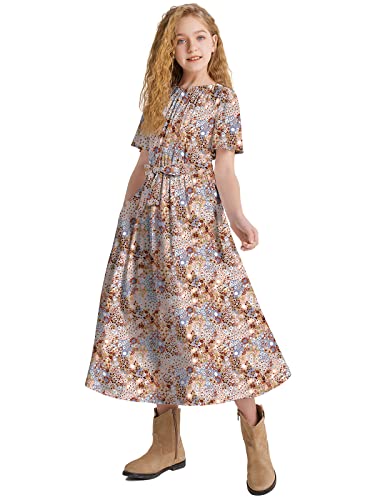 Girls Casual Butterfly Sleeve Elastic Crew Neck Floral Printed Solid Color High Waist Midi Belted Dress with Pocket2