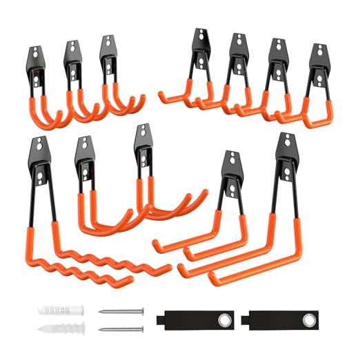 Shineeshi Garage Hooks Heavy Duty, 14 Pack Utility Steel Garage Storage Hook with Straps, Wall Mount Tool Organizer Hooks for Hanging Bike, Ladder and Garden Tools