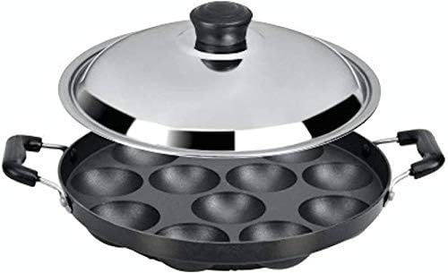 AppamPatra Paniyaram Nonstick cookware Appam Patra with Stainless Steel Without Lid 12 Cavity (Black with Lid)