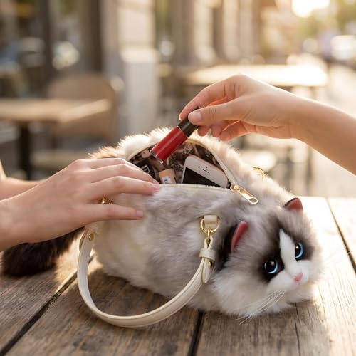 Image of Realistic Puffy Plush Cat Shaped Crossbody Handbag for Women