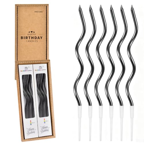 PHD CAKE 12-Count Black Spiral Long Thin Metallic Birthday Candles Cake Candles Birthday Parties Wedding Decorations Party Candles