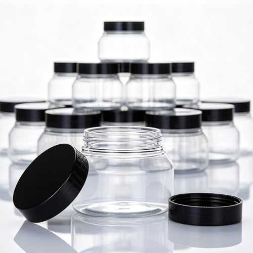 Zentriqlla 16 Pack 8 Oz Plastic Jars with Black Lids, BPA Free Empty Body Scrub Containers, Round Clear Samples Jars for Sugar Scrub, Lotion, Body Butter, Cream