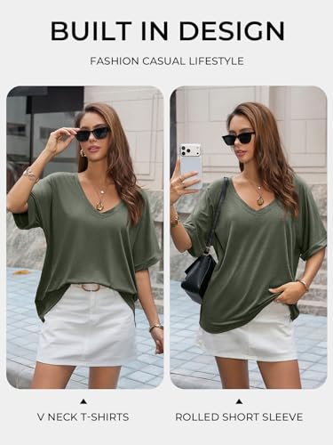 Image of UNCLECAT Womens V Neck Oversized T-Shirts Summer Short Sleeve Loose Tops | Plus Size, Rolled-up Sleeves, Trendy Fashion Clothes, Deep V Neck, Casual Basic Tee