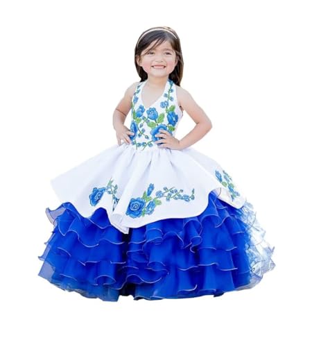 Halter Unique V Neck Ball Gown Royal Blue 3D Floral Flower Pattern Flower Girl Dress for Toddler Kids White
