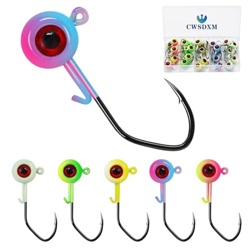 CWSDXM Painted Crappie Jig Heads 3D Eyes Fishing Hooks with Wire Keeper Lures for Crappie Panfish Bass Fishing Jig Hooks Assortment 1/16 oz 1/8 oz 3/16oz 3/8 oz 1/4 oz (1/8 oz 3.5g-30pcs)