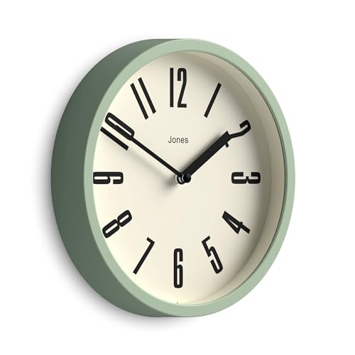 JONES CLOCKS® Hot Tub Reloj de Pared | Pequeño Reloj Retro y Redondo | 20cm | Verde pálido | Números fáciles de Leer | Ideal para Cocina, Oficina, Cuarto Infantil, Espacio Grande o pequeño
